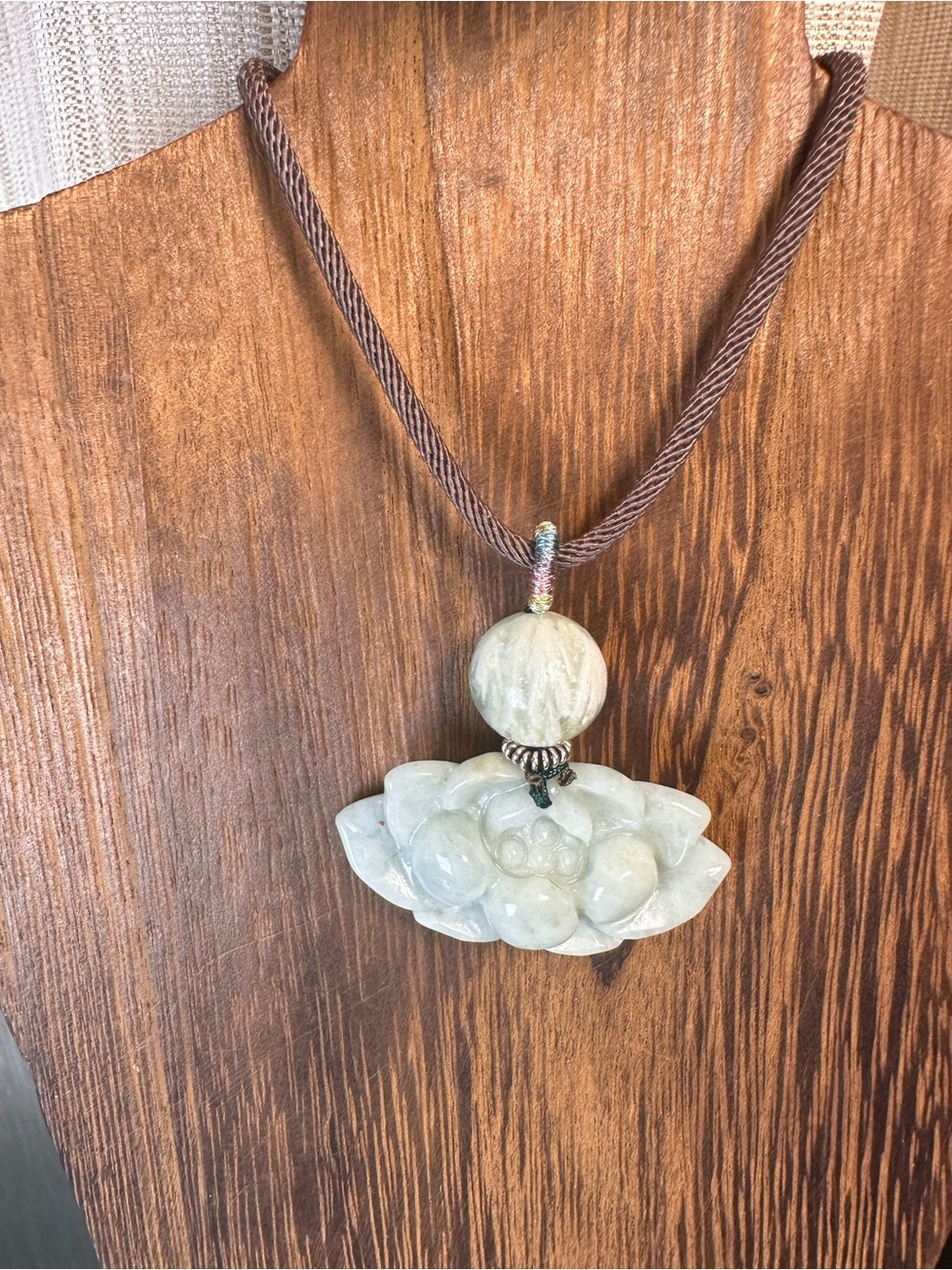 Green Jade Lotus Flower Pendant Necklace with Feather Fluorite on Brown Rope